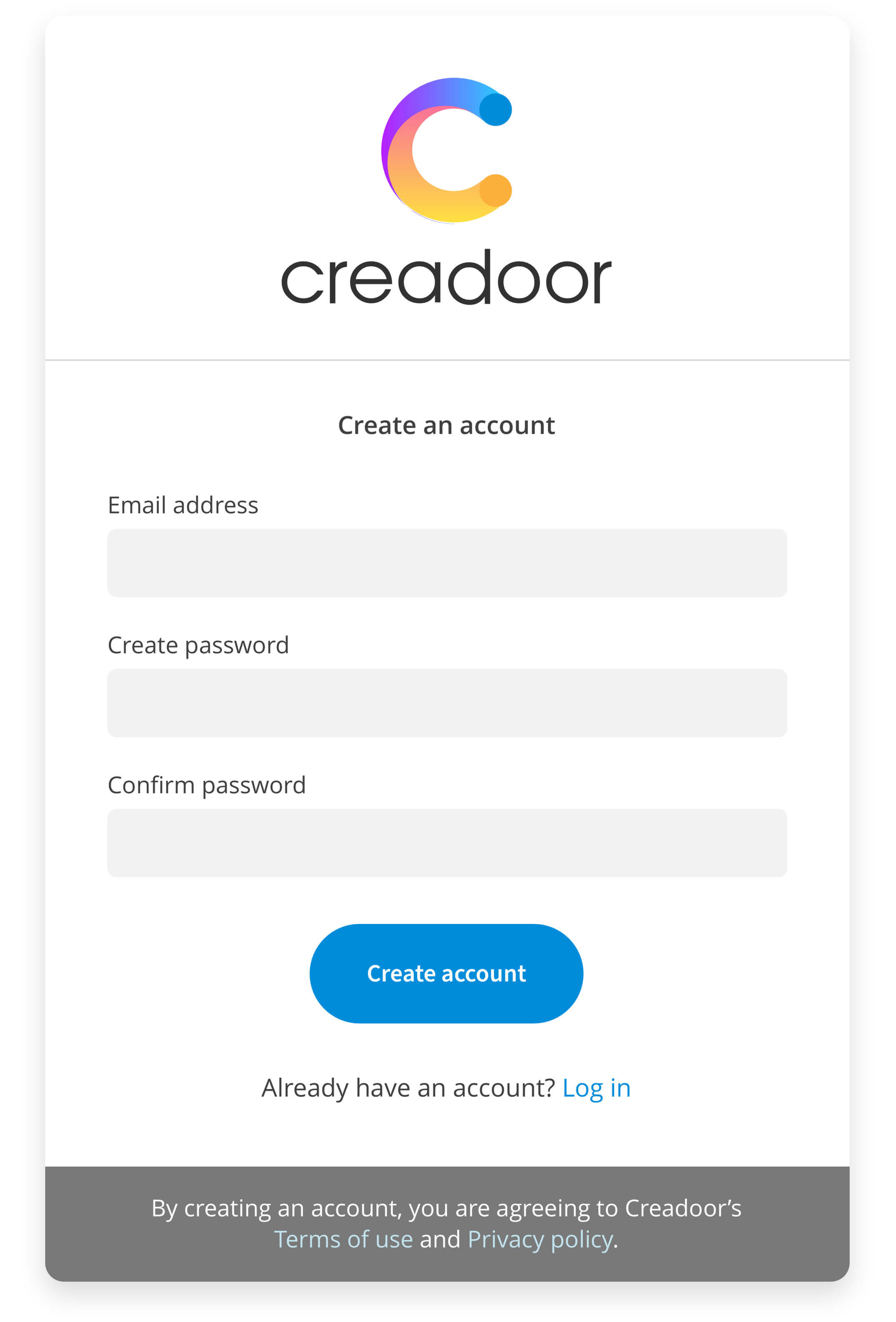 Creadoor - create an account screen